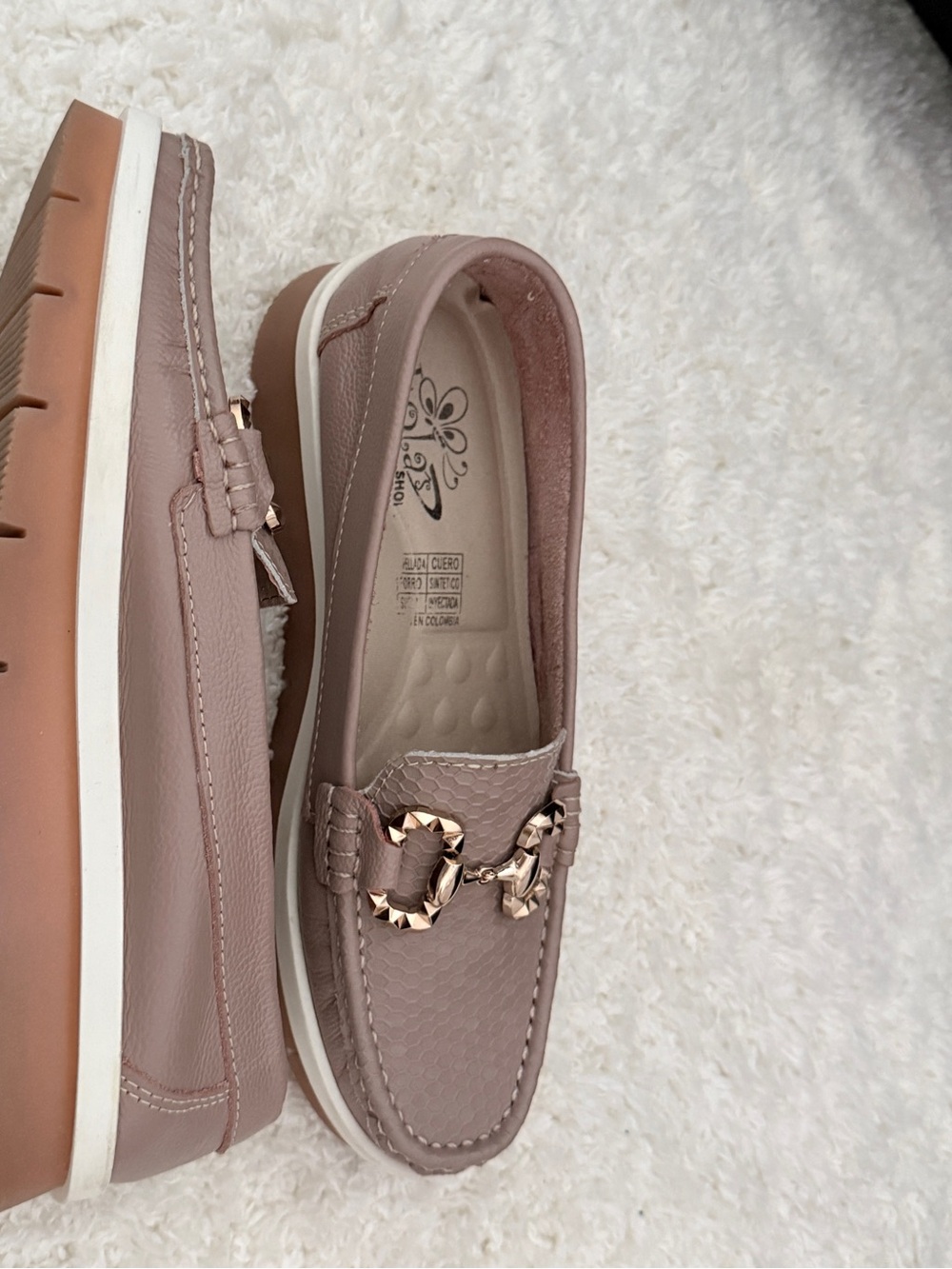 Women's Taupe Slip-On Loafers with Gold Chain Accent